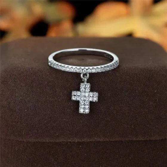 New European and American style simple and luxurious fine band diamond-encrusted cross pendant ring for women, wedding ring, Xiyin
