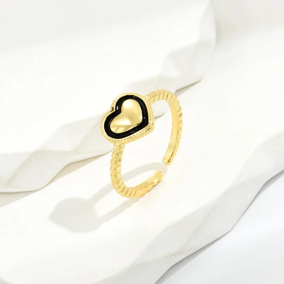 New European and American fashion light luxury black heart-shaped open ring for women, niche versatile high-end ring