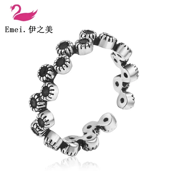 New twisted black zircon vintage silver ring, plain silver adjustable ring, Thai silver open ring