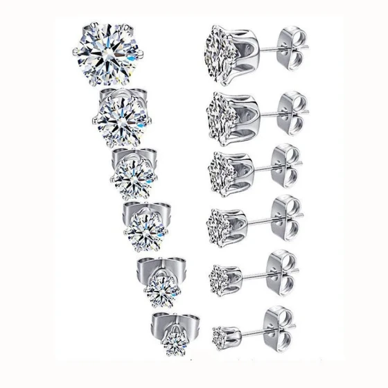 Stainless Steel Crown Six-Prong Zircon Set Unisex Butterfly Clasp Ear Stud