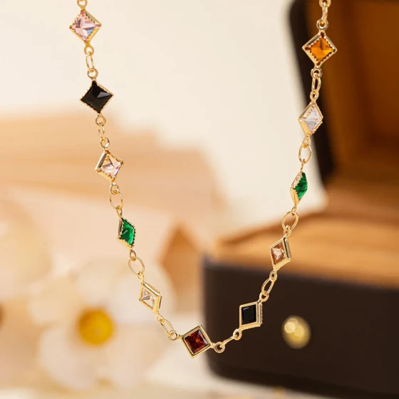 Retro Party diy Non-discoloring colorful irregular gemstone chain, exotic mixed-color zircon necklace jewelry for women