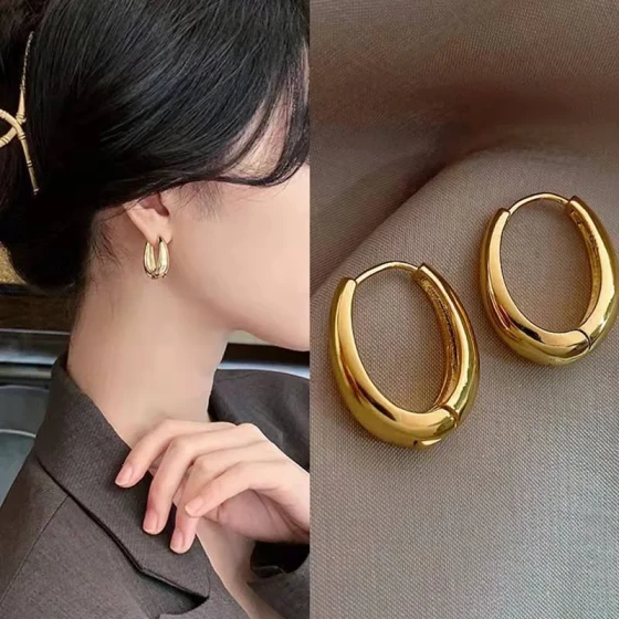 High-end gold silver plain hoop earrings for women, light luxury niche design earrings, new trendy popular hoop earrings