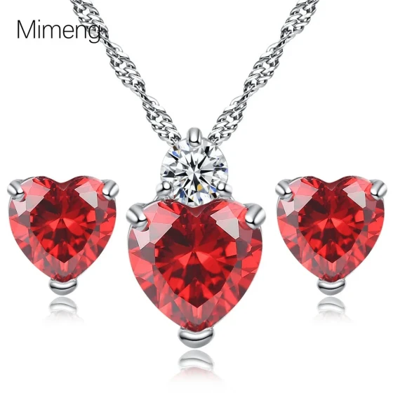 New pomegranate red heart-shaped zircon earrings and necklace for women, simple and stylish heart-shaped pendant earrings