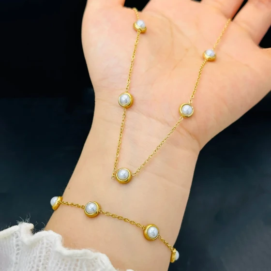 White pearl simple and versatile pearl necklace, birthday gift for girls, titanium steel collarbone chain, earring set, non-fading bracelet