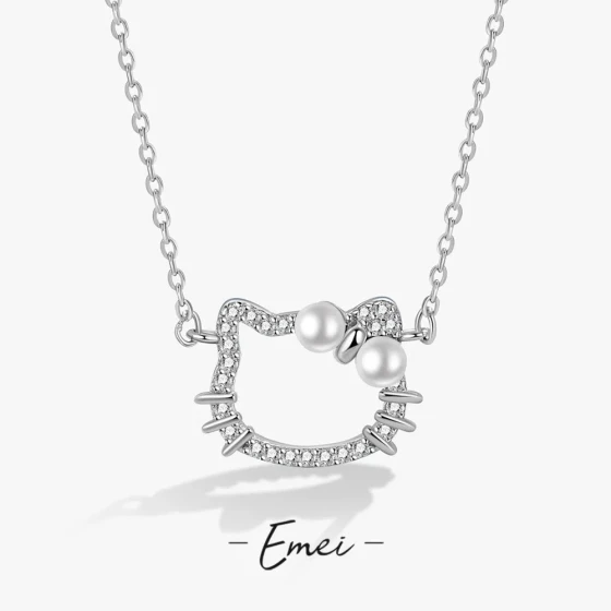 Fashionable Cartoon Cat Pearl Necklace for Women, Korean Style, Fashionable with Diamonds, Light Luxury, Elegant, Niche, Internet Celebrity Collarbone Chain Accessory