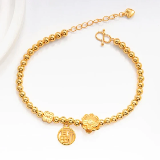 The same style as the gold shop's fortune lotus bracelet, new Chinese-style sand gold fortune charm round bead bracelet, good luck lotus hand accessory