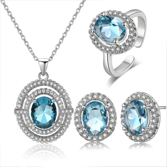 Korean-style elegant women's egg-shaped blue zircon ring, fashionable niche jewelry set