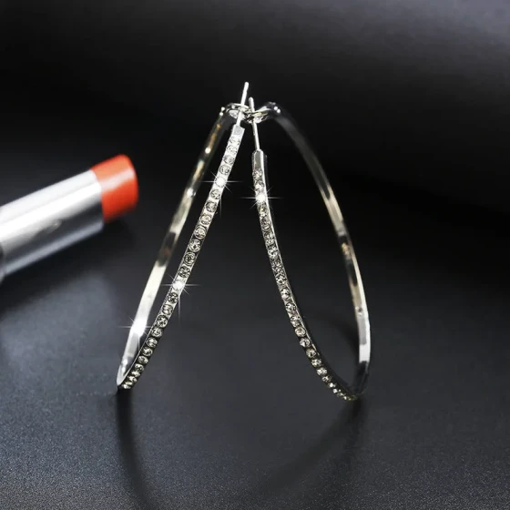Exaggerated sparkling diamond large hoop earrings, fashionable and high-end hoop earrings, light luxury style round diamond-encrusted earrings for women