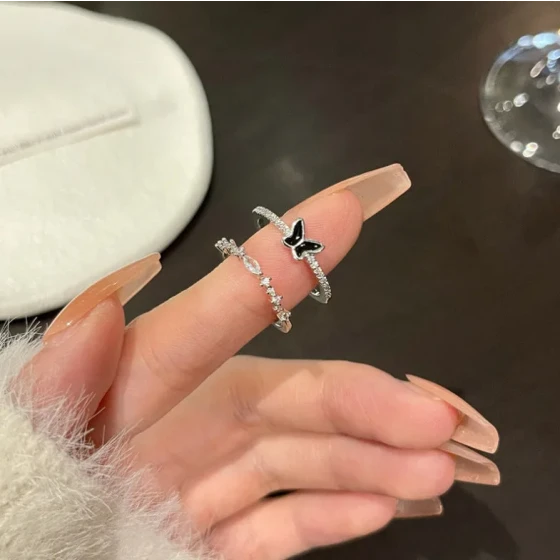 Black Zircon Butterfly Ring for Women ins Unique design, minimalist style, light luxury, high-end index finger ring, sweet and cool jewelry