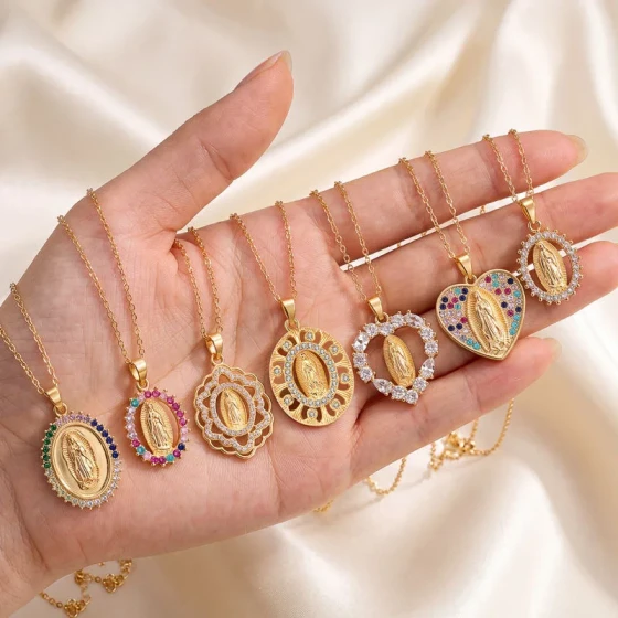Best-selling Virgin Mary Pendant Necklace with Micro-inlaid Colorful Zirconia and Hollow Heart Clavicle Chain Jewelry