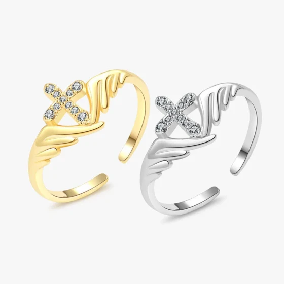 Popular Simple Angel Wings Diamond-Studded Cross Ring for Women, Personalized gold Ring