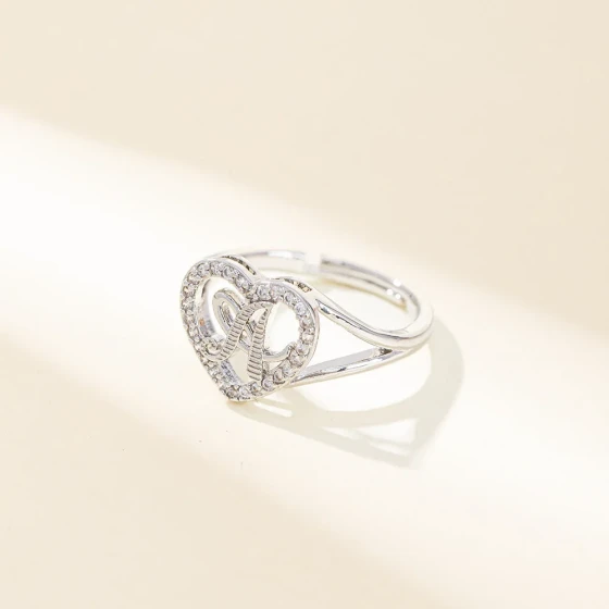 European and American fashion full of diamonds26Letter open ring for women, niche creative versatile heart-shaped electroplated ring jewelry