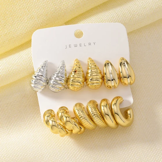 European and American Creative Fashion Exaggerated Earrings Set for Women C Twisted Water Drop Earrings3Set