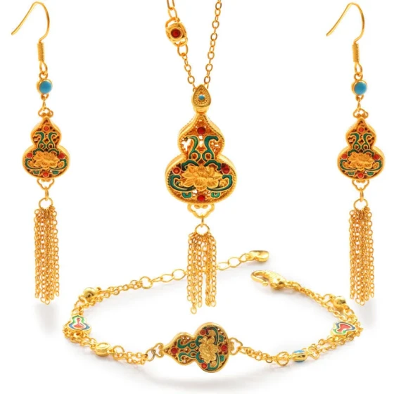 Vietnamese gold-plated palace-style enamel necklace, gourd and lotus tassel earrings, bracelet set, Chinese-style jewelry for women