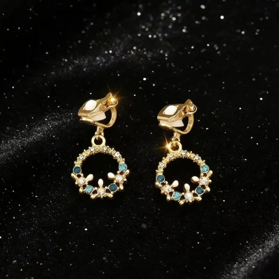 Korean-style floral earrings, sweet and colorful floral earrings for women, circular geometric oil-drip earrings, triangular ear clips