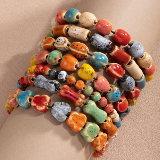 Jingdezhen's new simple and elegant ceramic mixed-color bead bracelet, vintage ethnic style multi-color beaded jewelry