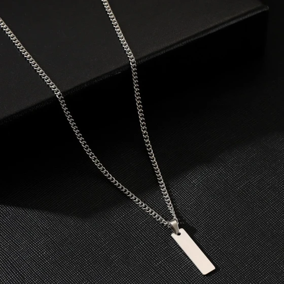 European and American minimalist long titanium steel necklace, trendy men's rectangular stainless steel blank pendant necklace
