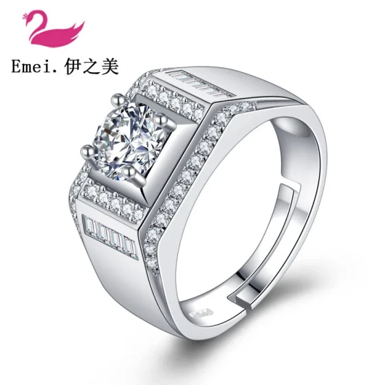European and American fashion men's silver-plated open ring with simulated diamond, trendy men's jewelry ring