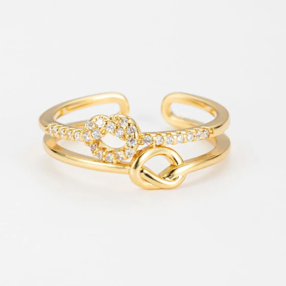 Double Heart Knot Open Ring for Women, Adjustable, Unique High-End Design, Fashionable Zircon Ring Jewelry