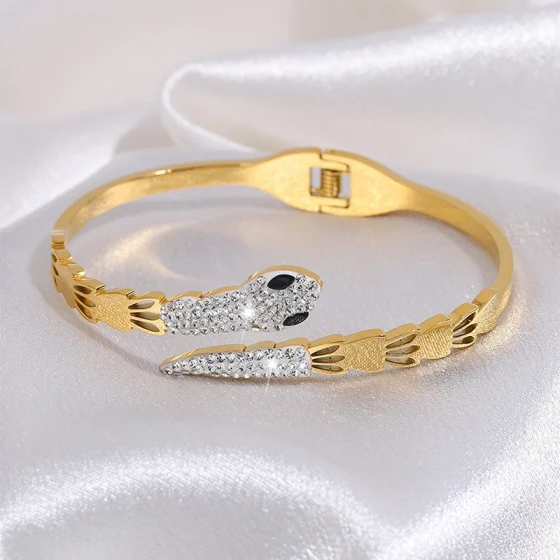 Titanium steel bracelet in Chinese style, fully encrusted with diamonds, snake-shaped open bracelet for women, high-end18k Real gold-plated jewelry