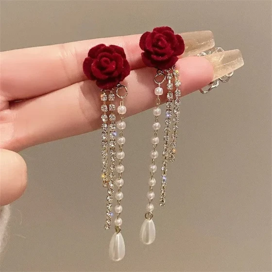 Flocked Camellia Pearl Tassel Earrings French Vintage Wine Red Light Luxury Super Fairy Ear Accessories