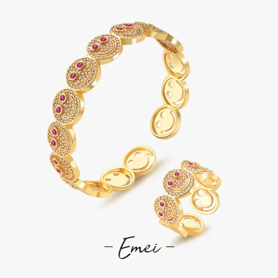 Popular fashion smiley face bracelet and matching ring for women ins Stylish, simple, versatile open zircon bracelet