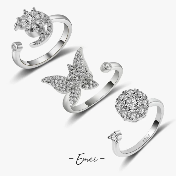 New Rotating Butterfly Zircon Ring for Women, Three-Piece Set, Personalized Design, Flower Anti-Stress Ring
