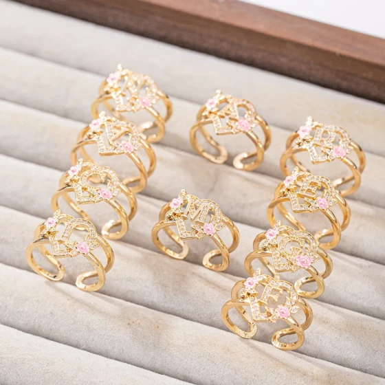 European and American hollow floral letter text open ring for women, niche creative versatile high-end finger jewelry
