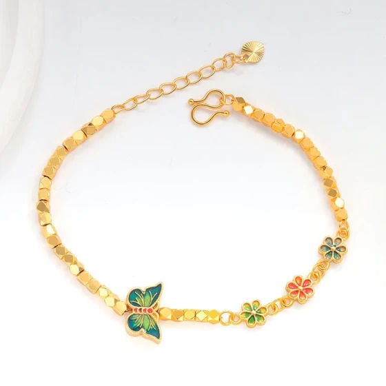 Xiaohongshu-style gold-plated butterfly three-flower bracelet with enamel design, fashionable and sophisticated niche jewelry