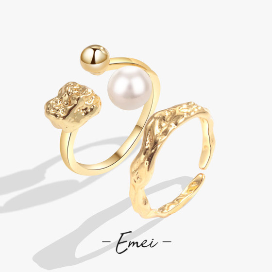 New ins Unique design brass gold-plated pearl ring for women, open-ended mushroom-shaped accessory