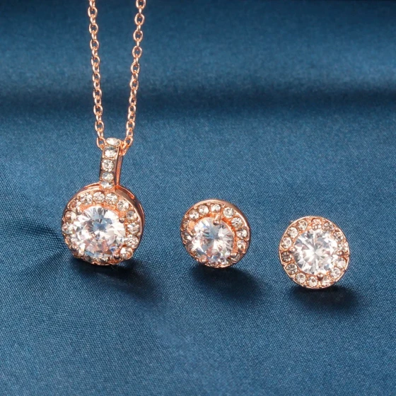 New European and American style necklace and earrings set with round zirconia, trendy crown design, simple and fashionable jewelry