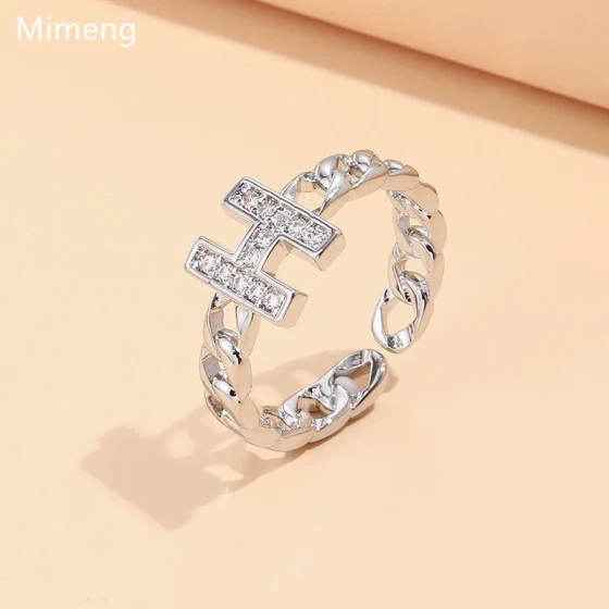 H Letter open ring, popular copper+Zircon adjustable couple's ring