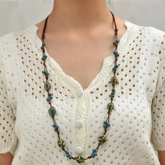 New Cartoon Cat Ceramic Necklace for Women, Vintage Ethnic Niche Design, Student Beaded Rice Bead Accessories