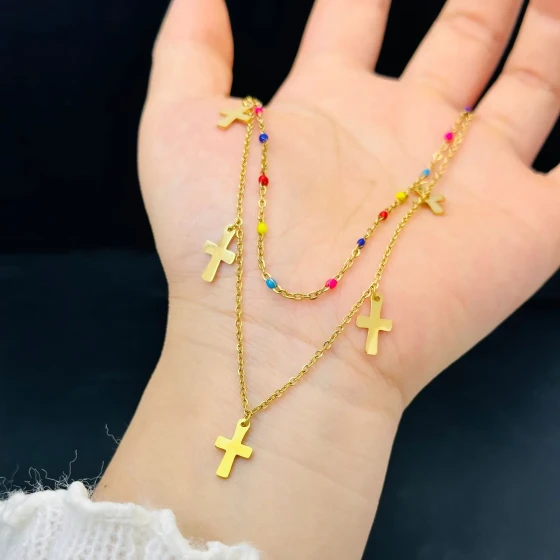 Colorful Stone Cross - Light Luxury18k Gold ins New non-fading women's collarbone chain, stylish titanium steel jewelry