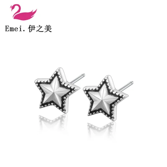 New Japanese and Korean style simple jewelry, distressed Thai silver punk pentagram vintage ethnic style black-dyed earrings with diamonds
