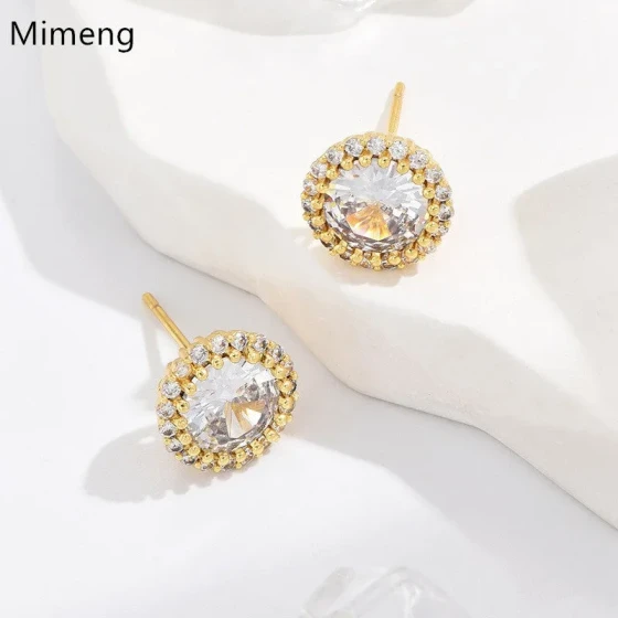 Long Round Zirconia Stud Earrings gold Silver Stud Earrings