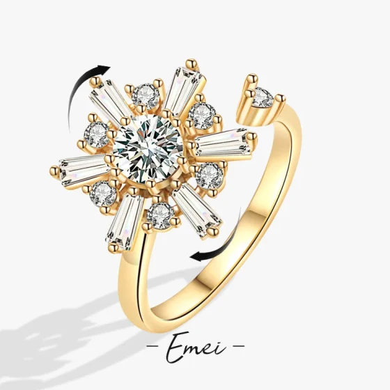 Copper plating18K Gold Zircon Snowflake Ring, Korean and Japanese Light Luxury Style, Elegant Index Finger Ring, Creative Rotatable Finger Ring Jewelry