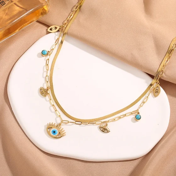 Meichen European and American retro ethnic style niche simple and unique devil's eye turquoise pendant titanium steel women's double-layer necklace