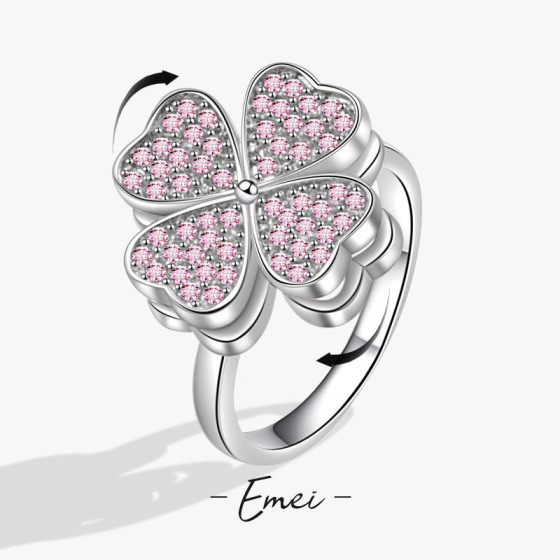 Rotating Heart-Shaped Four-Leaf Clover Ring Zircon fashion ins Trendy internet celebrity high-end adjustable ring, a popular luxury item