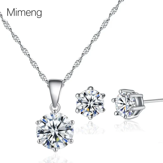 New six-prong round zircon earrings, pendant necklace, women's simple niche design earrings and choker necklace