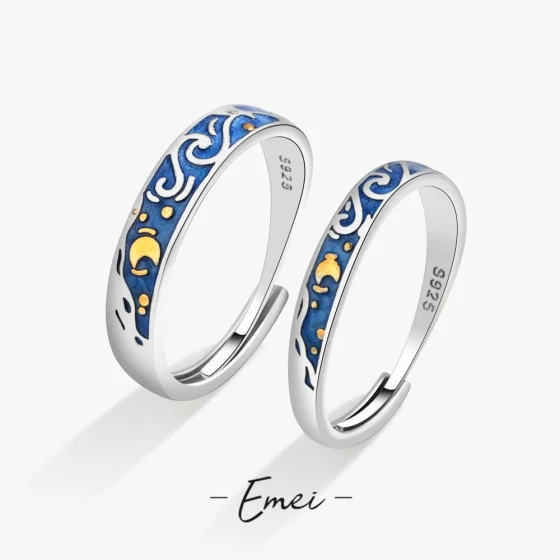 Artistic Romantic Couple Rings, Van Gogh's Starry Night Couple Rings, Art Student Oil Painting Starry Night Rings