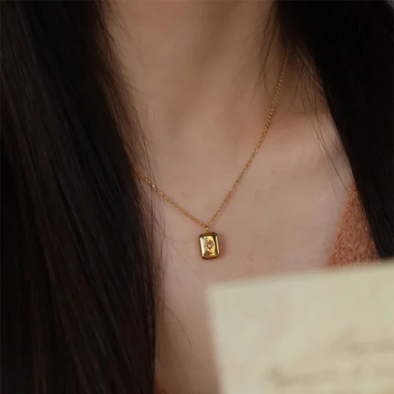 French-style light luxury geometric square water drop eight-pointed star zircon clavicle chain titanium steel plated18K Gold necklace for women