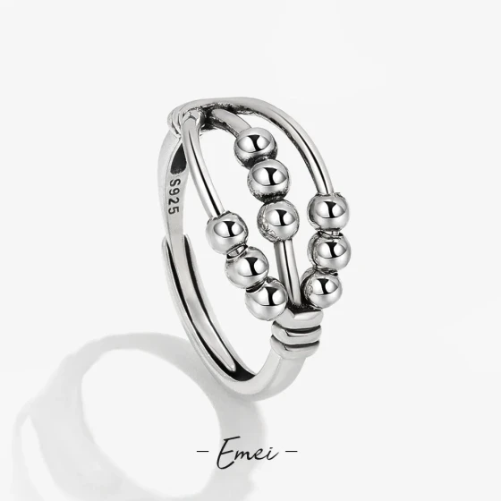 Popular fashion simple retro three-layer cross niche dynamic bead rotating adjustable ring for women