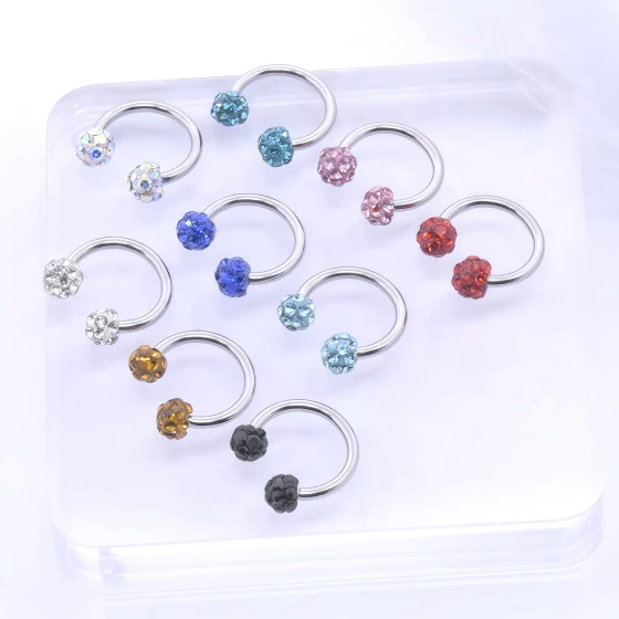 C Double-ended ball lip ring with full diamond inlay, spiral stainless steel piercing jewelry, titanium alloy