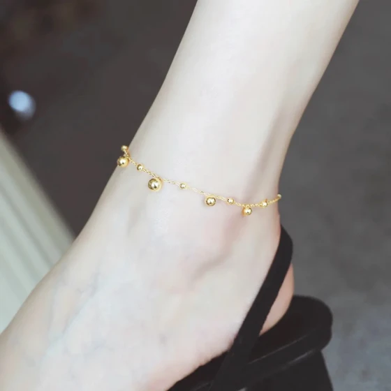 Korean-style simple and exquisite small gold ball anklet for women ins Vintage-style versatile foot accessory in gold-plated titanium steel