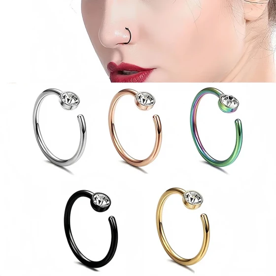 C Stainless steel curved nose ring with diamonds, simple design, no piercing required, zircon nose stud with diamonds, no piercing needed