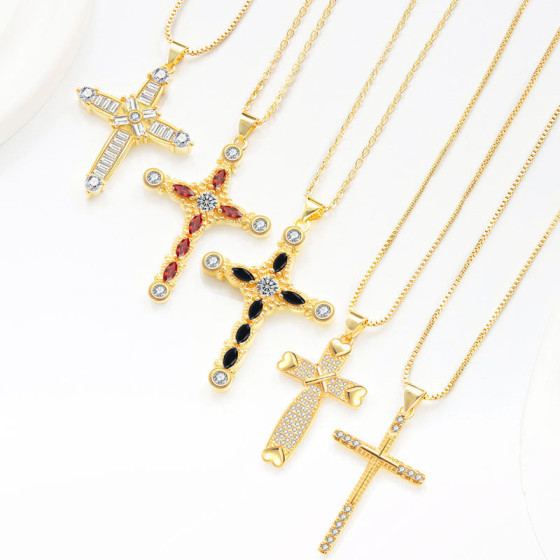 Vintage Copper Inlaid Zircon Cross Necklace for Men and Women, Versatile Couple's Sweater Chain