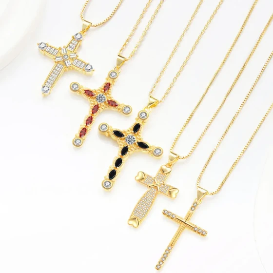 Vintage Copper Inlaid Zircon Cross Necklace for Men and Women, Versatile Couple's Sweater Chain