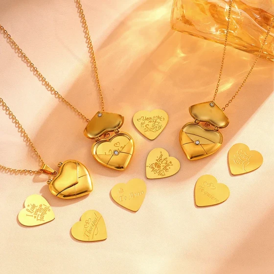 Popular18k Gold Heart-Shaped Openable Titanium Steel Necklace, European and American Style, Simple and Unique Clavicle Chain Pendant Necklace
