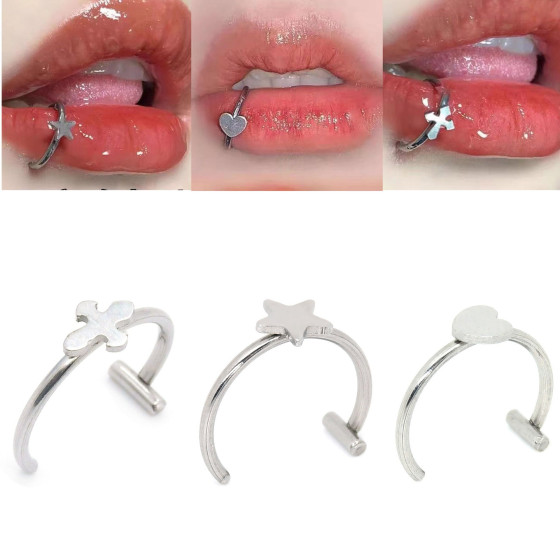 Stainless steel cross-shaped lip ring, no piercing required, trendy lip stud, niche lip accessory for hot girls